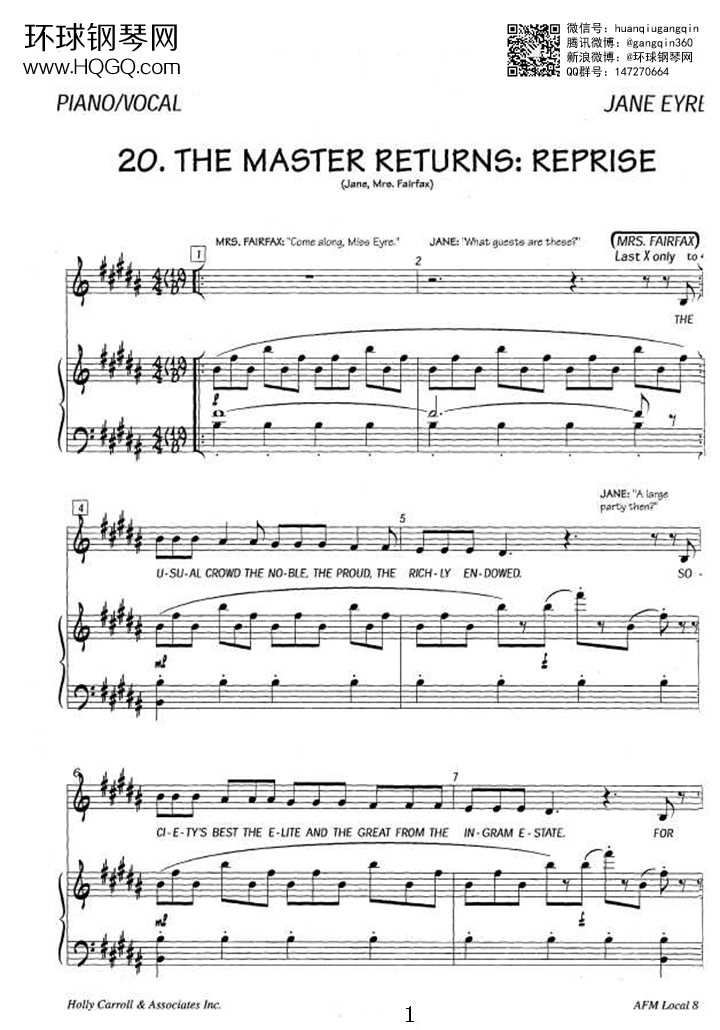 20.THE MASTER RETURNS REPRISE（选自百老汇音乐剧《简爱 Jane Eyre》全剧原版伴奏钢琴谱）